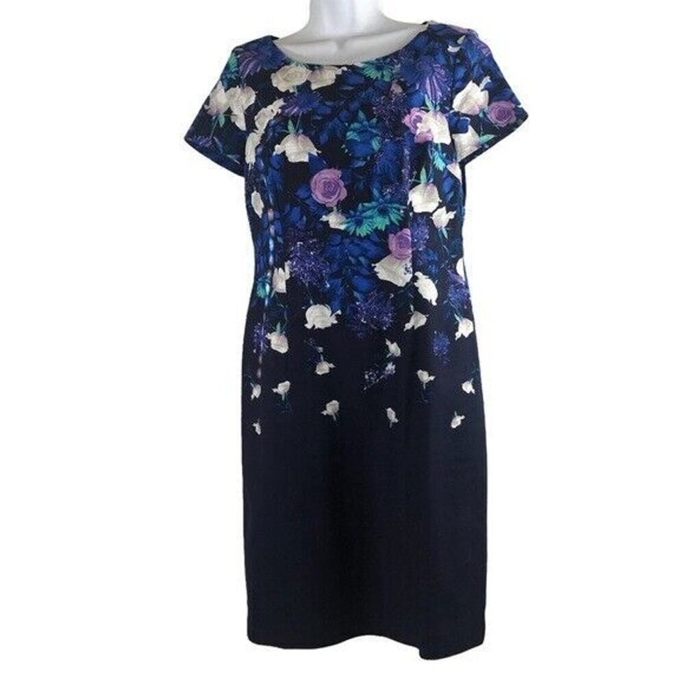 Talbots Floral Sheath Dress Blue Purple Short Sleeve Shift Women's Size 4 HW8743 - Picture 2 of 9